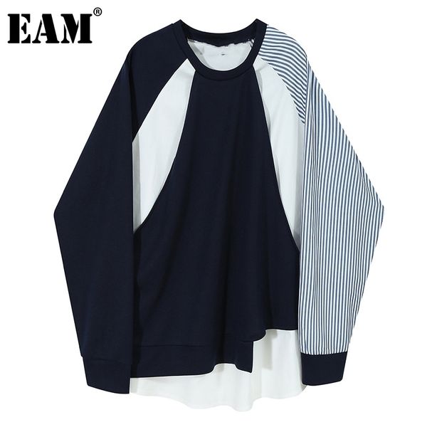 

[eam] loose dark blue striped irregular sweatshirt new round neck long sleeve women big size fashion spring autumn 1z857 201201, Black