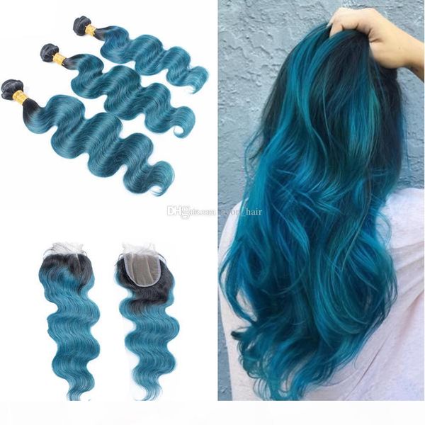 

ombre color blue human hair 3bundles with closure dark roots 1b blue body wave hair weaves with closurece closure 4x4, Black;brown