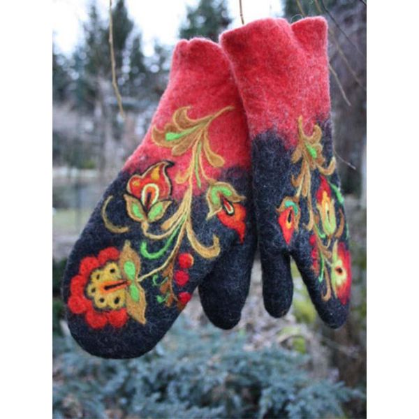 

merry christmas gift winter fashion women embroidery flowers leather gloves mittens, Blue;gray