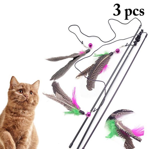 

3pcs pet cat toy with bell newly design colorful faux feather plush plastic toy for cats cat catcher te jllgbq