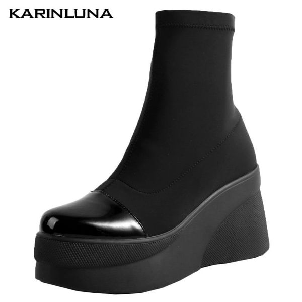 

karin новые лакированные клинья высокие каблуки платформы женская обувь stretch fabric ботильоны, Black