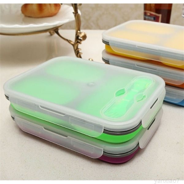 

collapsible silicone lunch 3 sections 1350ml portable bowl box folding outdoor picnic food storage container