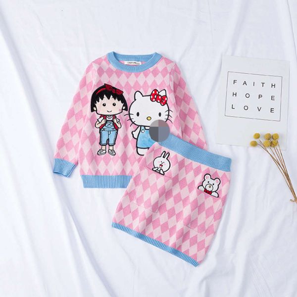 

children's cartoon embroidery rhombic pink knitted sweater girl's half skirt 2 piece set, Blue