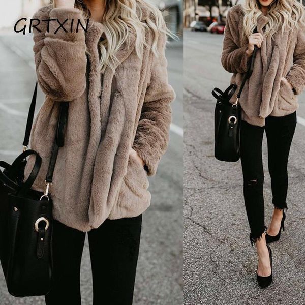 

women autumn winter thick warm velvet faux fur coat long sleeve jacket 2020 jacket female plush overcoat casual outerwear1, Black;brown