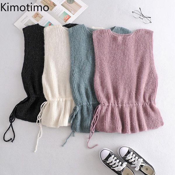 

kimotimo solid sweater vest pullover drawstring elegant kawaiii sweet chic office lady vintage casual knitted jumper vest top, Black;white