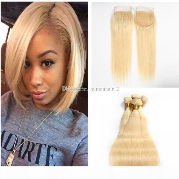

color 613 blonde peruvian virgin silky straight hair human hair bundles with lace closure 3bundles with closure ing, Black;brown