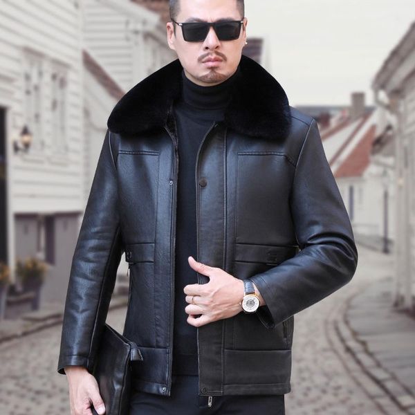 

middle-aged man fur one winter new leather leather men's hair thickening jackets men coat lapels, Black