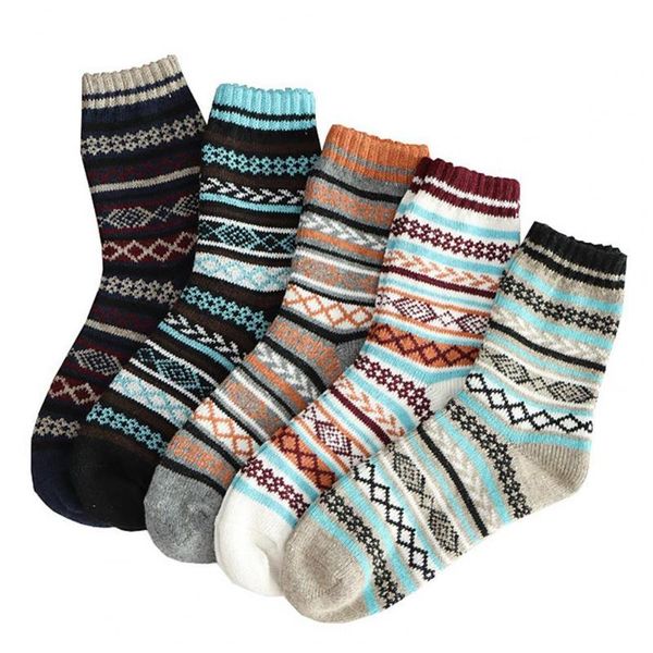 

5 pairs men thick needle ethnic style socks grid striped middle tube stockings, Black