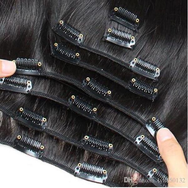 

peruvian remy hair clip in human hair extensions 7pcs set natural virgin thick clip in hair extension, Black;brown
