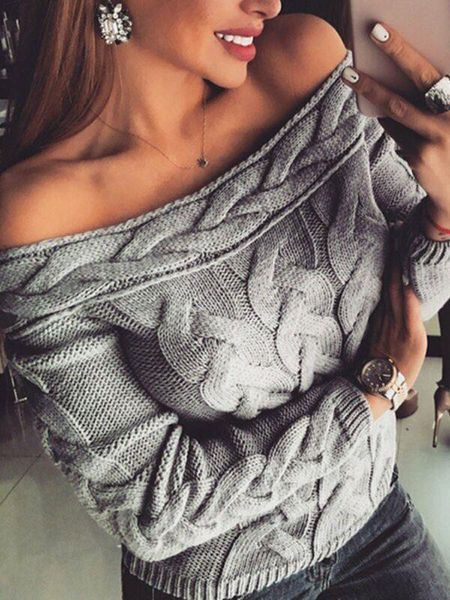 

2021 autumn winter women knitted off shoulder sweater casual soft loose jumper fashion slim pullover femme elasticity pullovers, White;black
