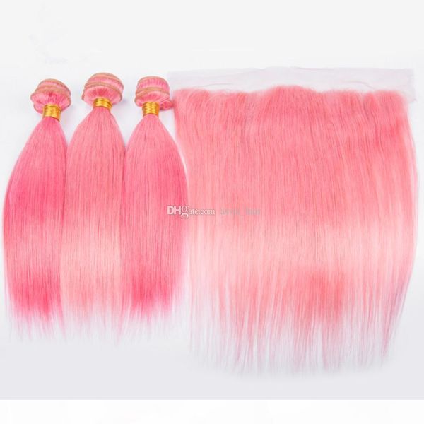 

beauty pink silky straight hair weft 3bundles with part frontal pink color ear to ear frontal with virgin hair weaves 4pcs lot, Black;brown