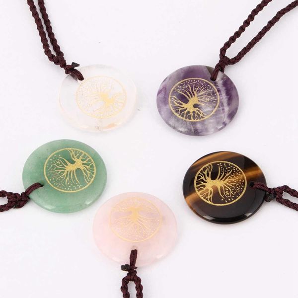 

carving tree of life disc shape necklace pendant natural crystal quartz reiki healing pendant necklace men's and women's fashion j, Silver