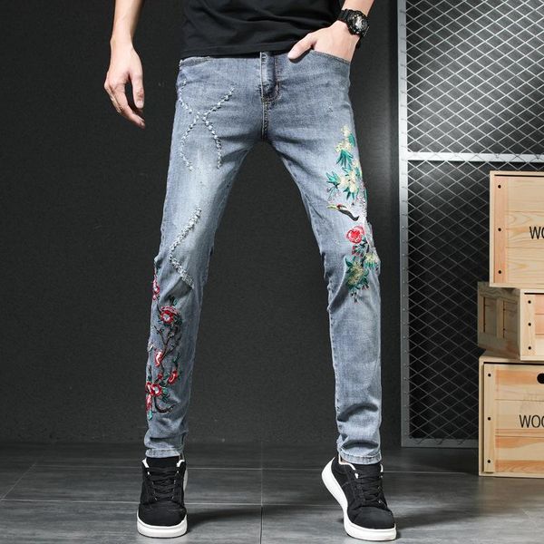 

men's jeans europe and the united states men stretch feet blue embroidery red-crowned cranes of cultivate morality pants, 812
