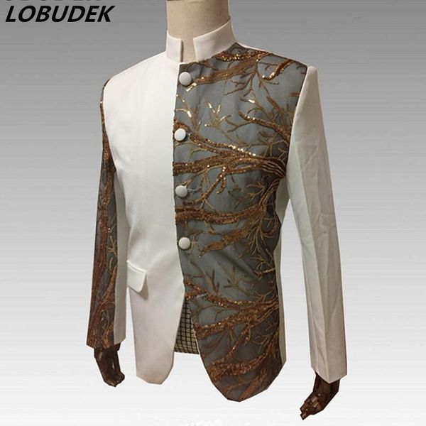 

white red black sequins jacket formal men's clothing stand-collar sequined slim coat singer host chorus show performance costume, Black;brown
