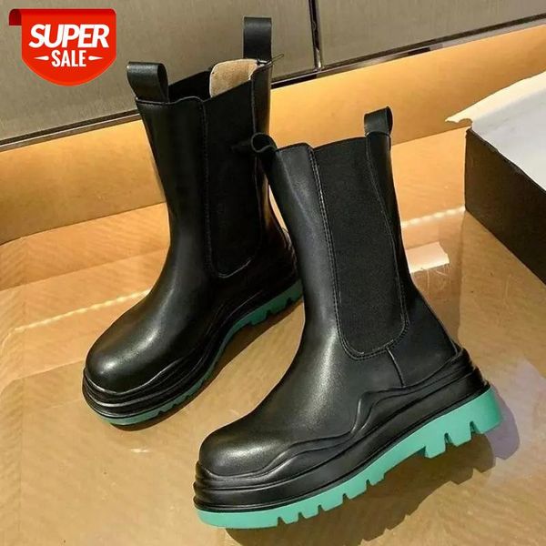 

women 2020 ins soft leather mid-calf boots round toe slip on boots green platform ladies square heel zapatos de mujer #6u1m, Black