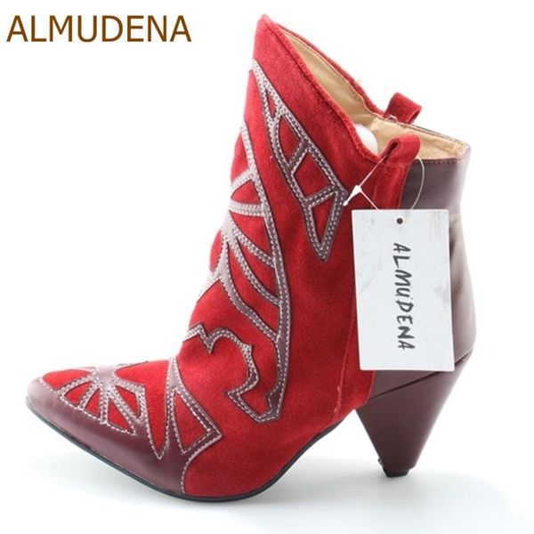 

almudena red suede pointed toe embroidered short boots unique design spike heel color patchwork dress shoes motorcycle booties, Black