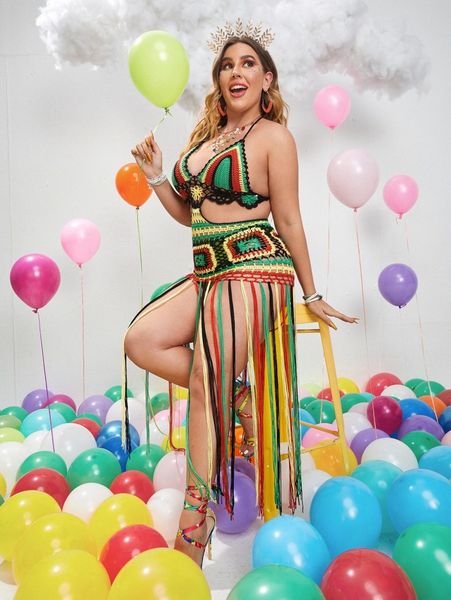 

plus crochet cut-out fringe hem cover up a1ly#, Black