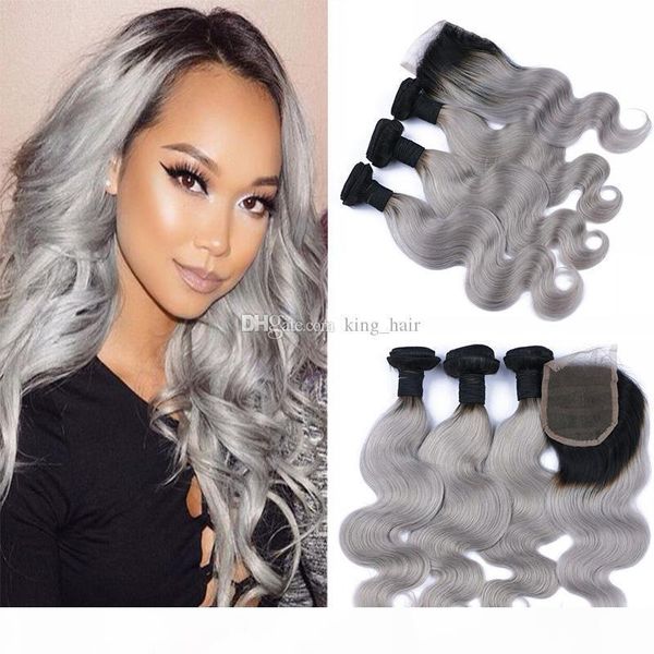 

ombre body wave hair bundles with closure brazilian virgin hair dark root #1b grey hair weft with closure 4x4 4pcs lot, Black;brown