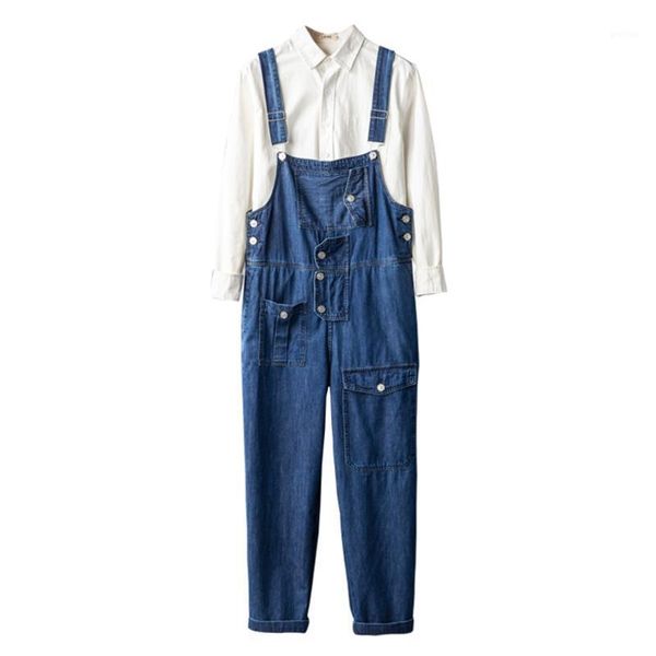 

men's multi big pockets cargo blue denim bib overalls loose jumpsuits straight jeans coveralls pants1