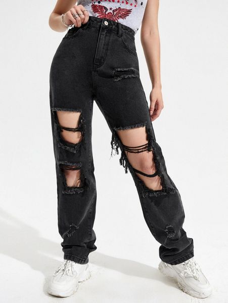 

light wash destroyed detail boyfriend jeans 66ra#, Blue