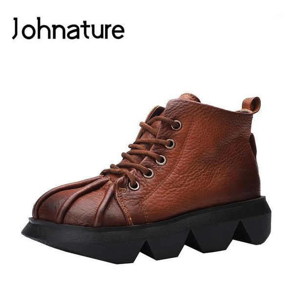 

boots johnature retro lace-up platform 2021 winter women shoes genuine leather round toe flat with sewing ankle boots1, Black