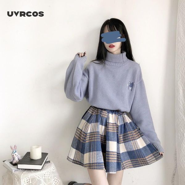 

uvrcos kawaii harajuku vintage woolen plaid skirts women clothes 2020 new style high-waisted a- line pleated puffy short skirt s y1214, Black