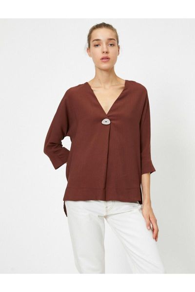 

koton women black should button v collar 3/4 sleeve blouse, White