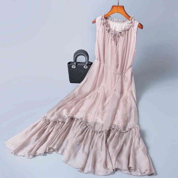 

casual dresses stitched lace up waist loose solid sleeveless summer silk dress boutique irregular medium length skirt large swing 790c, Black;gray