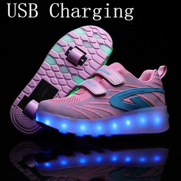 

мода usb зарядка новые девушки розовый мальчиков led light roller skate обувь для детей детские кроссовки с двумя колесами, Black