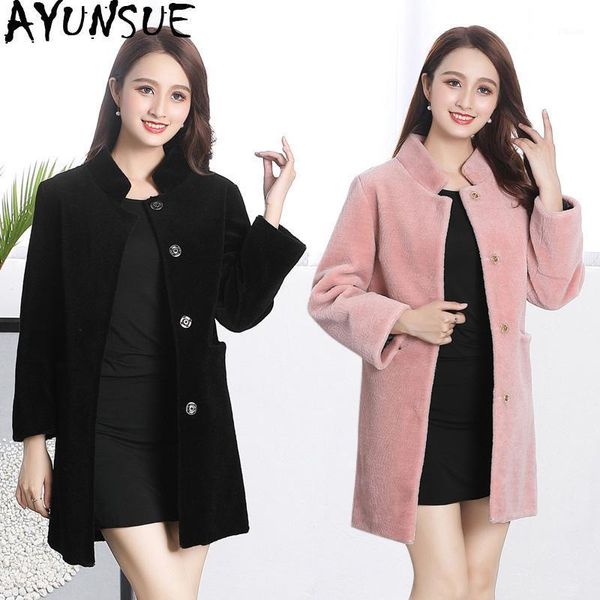 

ayunsue autumn winter wool coat women sheep shearing faux fur coat woman long pink black jacket coats chaqueta mujer kj5151