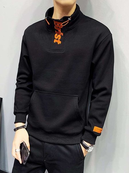 

8jhy6khalf high collar sweater men's autumn winter hattless jacket korean fashion embroidery plush wear fried street clothes handsome, Black