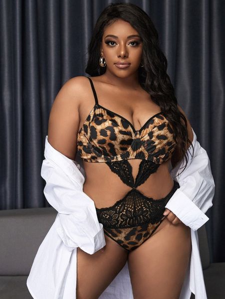 

plus leopard contrast lace cut-out teddy bodysuit p2wl#, Black;white