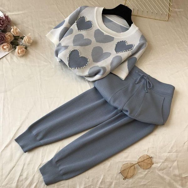 

beaded heart shape short sleeved knitted sweater + elastic waist long pants women sweet summer matching set two piece a8711, White
