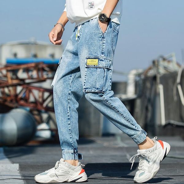 

men's jeans harajuku multi-pocket denim pants hip hop cargo streetwear male trousers men casual, Blue