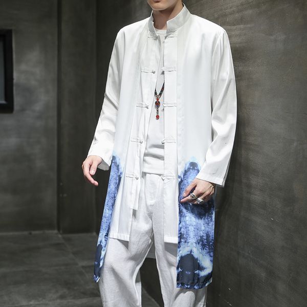 

autumn winter 2020 new chinese style men's stand collar and buckle outer coat chiffon hanfu printed medium length windbreaker, Tan;black
