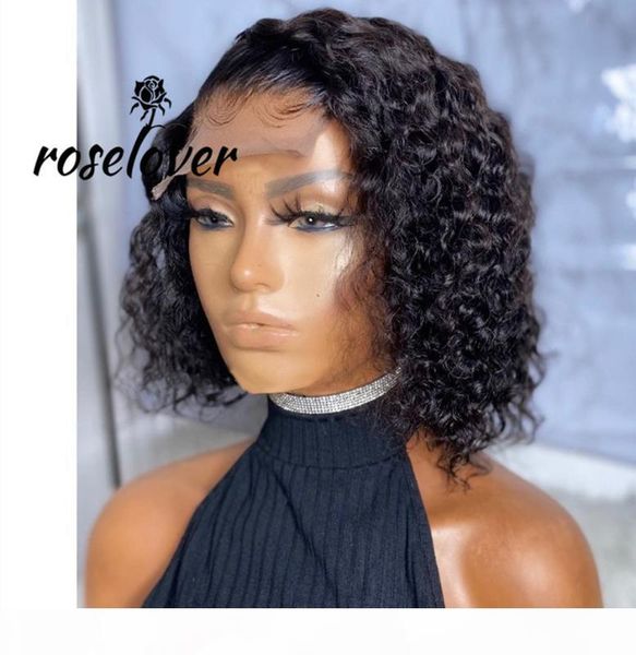 

curly bob wig lace 4*4 closure human hair wigs with baby hair brazilian remy short curly bob wigs for women deep wave wig, Black;brown