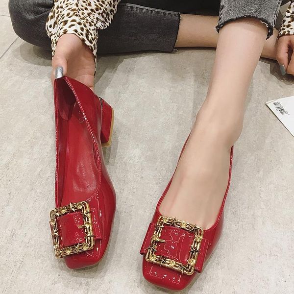 

2020 сладкий красный женск весна осень площади toe металла кнопка женщины med высокие каблуки обувь офис дамы свадебная спецобувь, Black