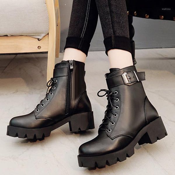 

women motorcycle boots ladies zipper chunky heels round toe autumn fashion buckle strap non slip platform shoes female1, Black