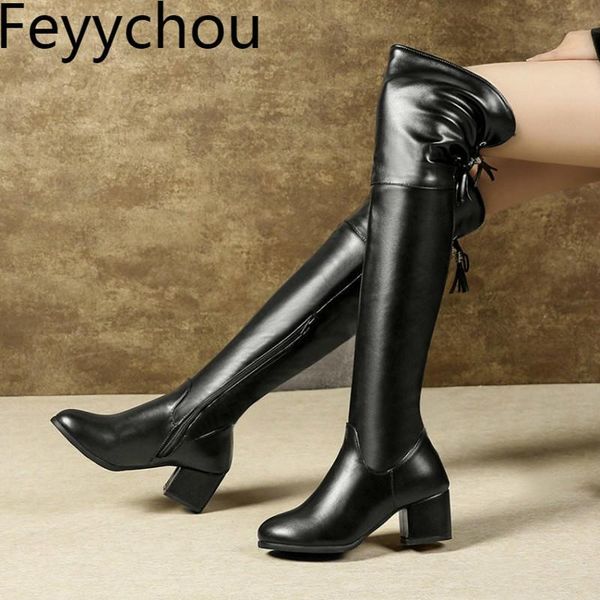 

women boots autumn winter warm high-heeled over the knee round toe zip 2020 new fashion pu martin boots black size 34-45