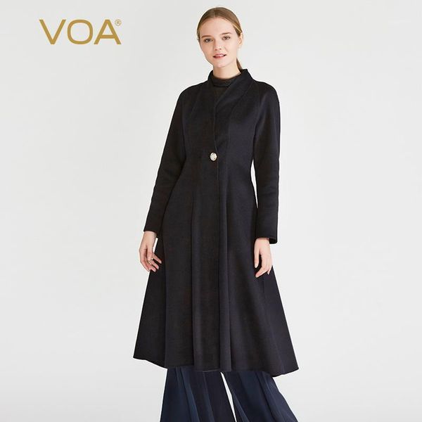 

voa solid color fine cashmere a button-in rotator cuff vertical collar body long double-sided skirt overcoat s13261, Black