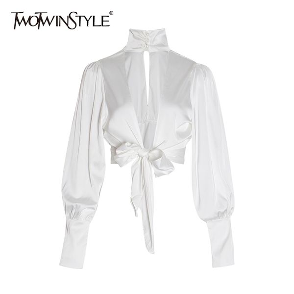 

twotwinstyle backless women's shirts turtleneck lantern long sleeve bowknot party blouse female summer fashion new 201028, White