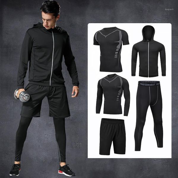 

running sets 5pcs / men's sportswear man rashguard suit male kit compression clothing long sleeve t shirt + workout leggings1, Black;blue