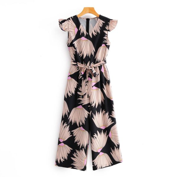 

new women vintage v neck print chic jumpsuits female ruffles siamese sleeveless bow tied sashes wide leg conjoined pants ds3687, Black;white