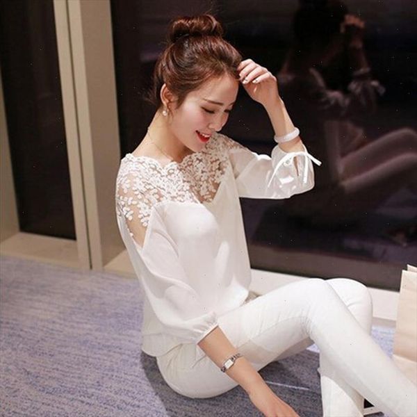 

summer women chiffon blouse fashion women lace shirts white tee feminine blouse long sleeve stitching blusas