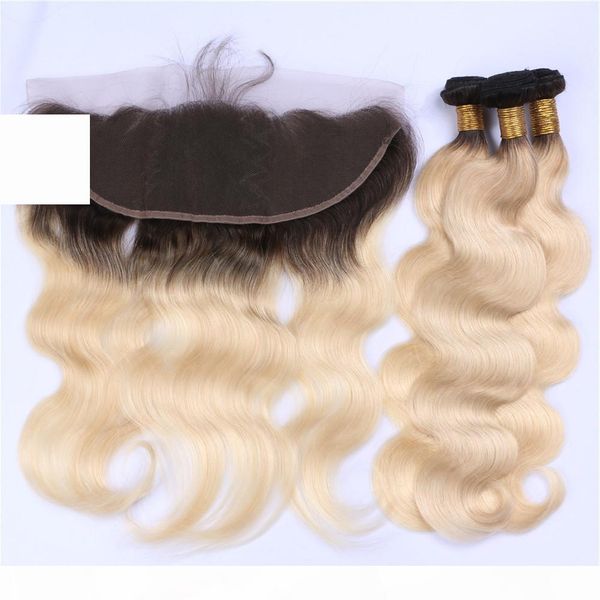 

virgin brazilian 2tone blonde ombre human hair 3bundles with 13x4 frontal closure body wave 1b 613 ombre full lace frontal with weaves, Black;brown