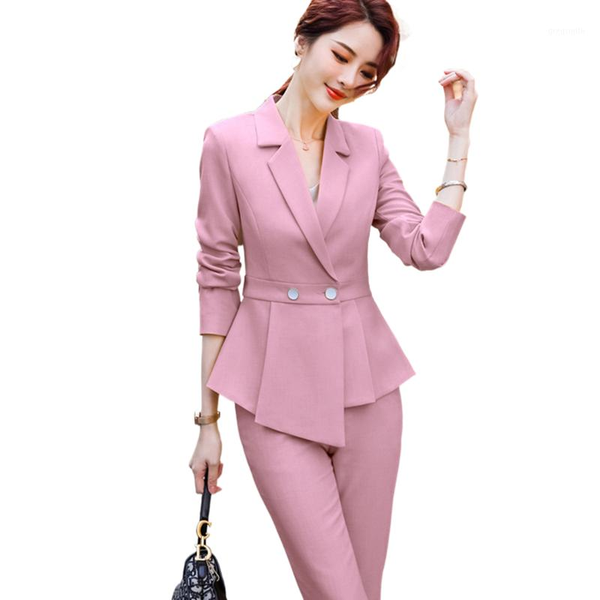

pink suit women's clothing 2020 autumn and winter business two piece outfits full sleeve slim blazer and pants set for women1, White