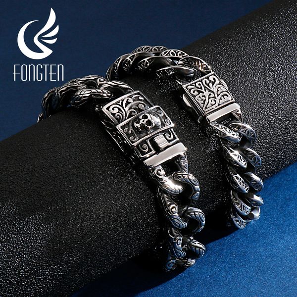 

fongten vintage skull cuban cuff bracelet stainless steel custom charms curb link chain men bracelets 0930, Black