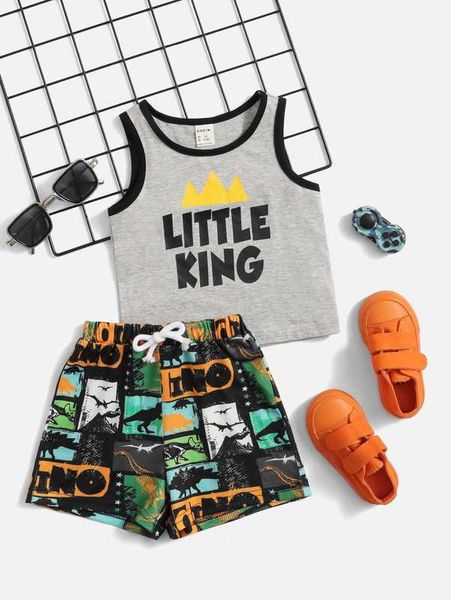 

baby letter graphic tank & dinosaur print tie front shorts she, White