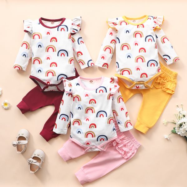 

0-24m newborn baby girls ruffles clothes rainbow romper bodysuit long pants trousers kids baby boy clothing outfit set 1021, White