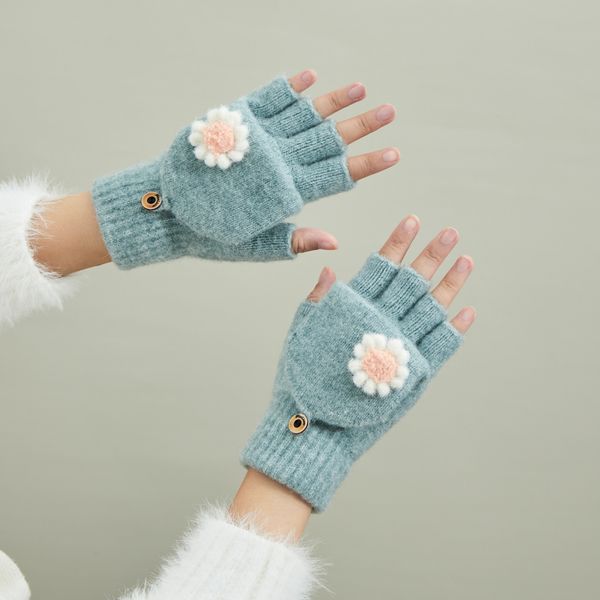 

autumn and winter students write warm half finger flip gloves girls knitting lovely daisy sweet color, Blue;gray